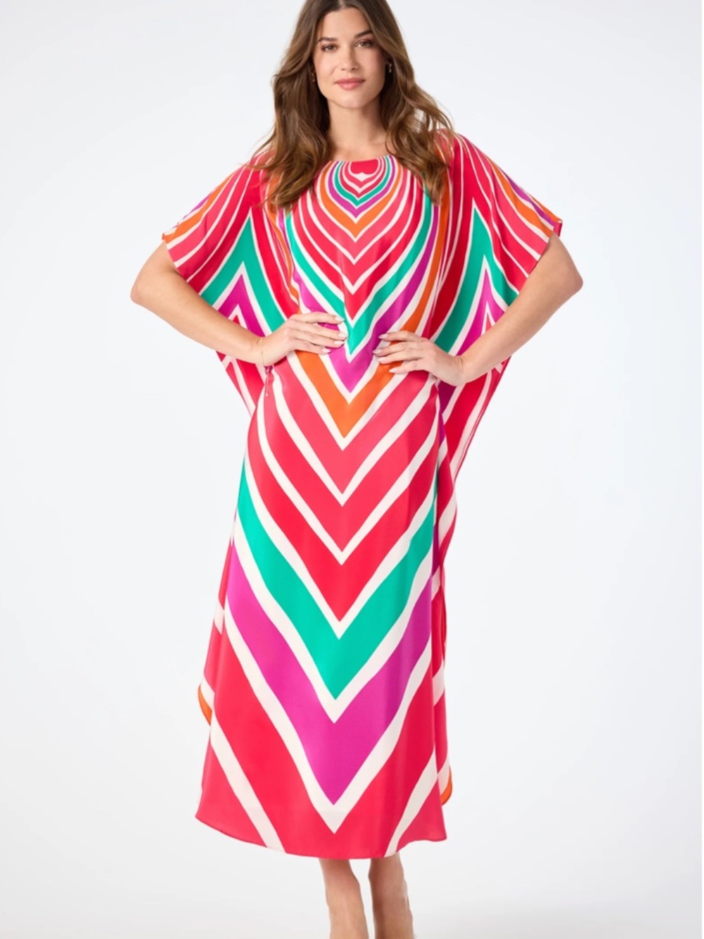 NWT Trina Turk 100% Silk, Jalani Caftan Sur Mer Maxi Dress, Multi Color, Size S